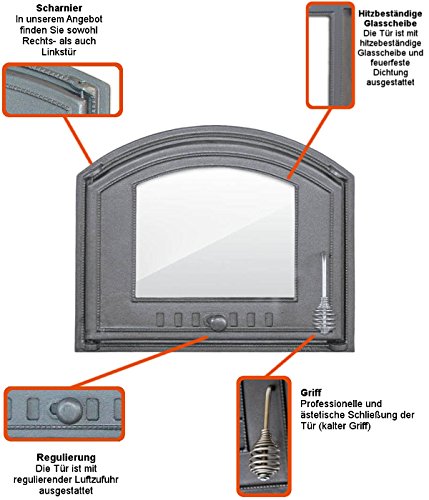 Puerta de horno para pizza, puerta de horno de leña, puerta de horno de piedra, puerta de hierro fundido con horno, dimensiones exteriores: 485 x 410 mm, dirección de apertura: derecha