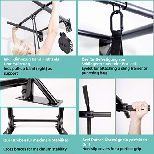 PULLUP & DIP Barra Dominadas Pared, Barra de Tracción, Pull-Up Bar Multiagarre Profesional, Incluye Tornillos, Banda Elástica para Dominadas y eBook, hasta 200 kg