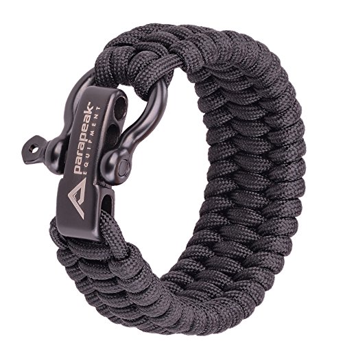 Pulsera militar de supervivencia Parapeak de estilo Trilobite con argolla ajustable de acero inoxidable., Black, Black Clasp, 9" (for 7"-8" Wrists)