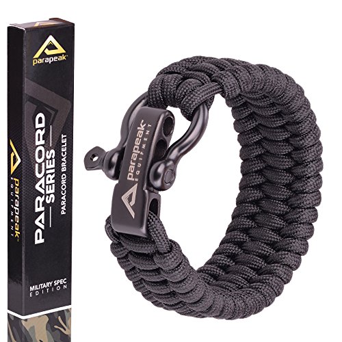 Pulsera militar de supervivencia Parapeak de estilo Trilobite con argolla ajustable de acero inoxidable., Black, Black Clasp, 9" (for 7"-8" Wrists)