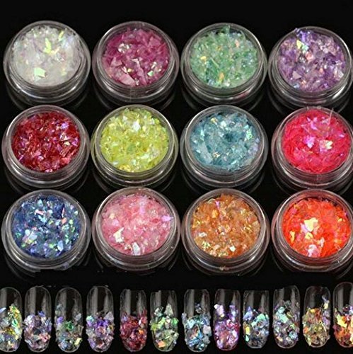 QIMEIYA 12 Colores Escamas Hielo Brillo Mylar Delgado Hojuela para Uñas Iridiscentes Nail Art Diseños Decoración Accesorio Clavo Manicura