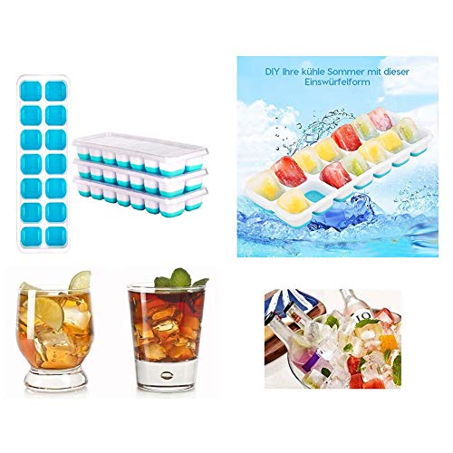 Queta 4 Ice Cube Tray Silicone Con Tapa Ice Cube Tray 14-Bin Para Whisky, Cóctel, Bebidas, Blanco + Azul