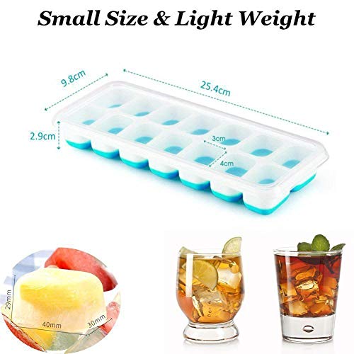 Queta 4 Ice Cube Tray Silicone Con Tapa Ice Cube Tray 14-Bin Para Whisky, Cóctel, Bebidas, Blanco + Azul