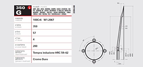 rasspe Cuchilla para cortafiambres 350 mm Diámetro orificio central 57 mm – 4 orificios Montaje hoja – Diámetro Lama 280 mm. Material 100 CR6 W1.2067 Made in Italy