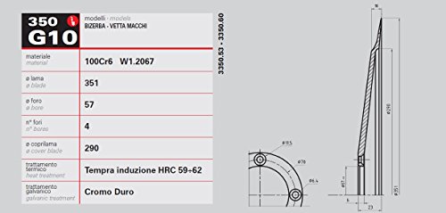 rasspe Cuchilla para cortafiambres 351 mm Diámetro orificio central 57 mm – 4 orificios Montaje hoja – Diámetro Lama 290 mm. Material 100 CR6 W1.2067 Made in Italy