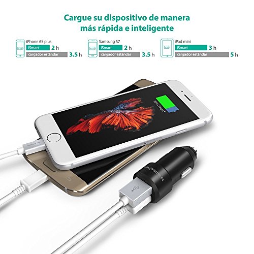 RAVPOWER Cargador de Coche 24W 4.8A Dual USB Adaptador Automóvil con Tecnología iSmart, Funda de Material de Aluminio, Compatible con iPad, Samsung Galaxy, LG Nexus y Más – Negro