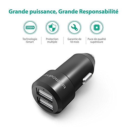 RAVPOWER Cargador de Coche 24W 4.8A Dual USB Adaptador Automóvil con Tecnología iSmart, Funda de Material de Aluminio, Compatible con iPad, Samsung Galaxy, LG Nexus y Más – Negro