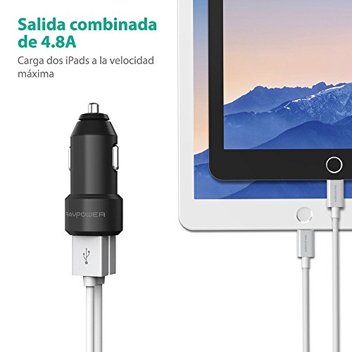 RAVPOWER Cargador de Coche 24W 4.8A Dual USB Adaptador Automóvil con Tecnología iSmart, Funda de Material de Aluminio, Compatible con iPad, Samsung Galaxy, LG Nexus y Más – Negro