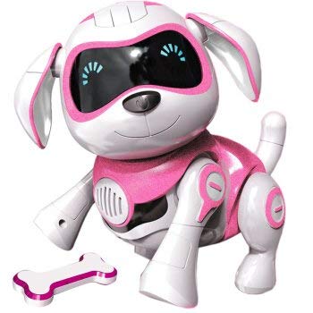 RCTecnic Perro Robot para Niños Rock Perrito de Juguete Interactivo con Emociones y Movimiento, Ladra y Juega con su Hueso, Batería Recargable y Cable USB Muy Resistente y Divertido (Rosa)