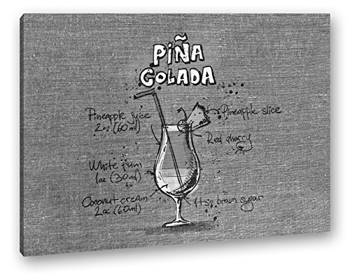 Receta para una piña colada Efecto: Negro/Blanco Como Lienzo, diseño enmarcado en marco de madera, impresión digital de alta calidad con marco, no es un póster o cartel, lona, 80x60