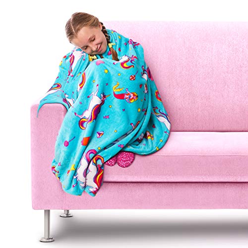 Regalos para Niñas - Manta Polar de Unicornio para Niña - Manta de Felpa de Forro Polar Azul Claro - Manta Decorativa Cama , Siestas - viajes de Coche Plaid Colores Infantil