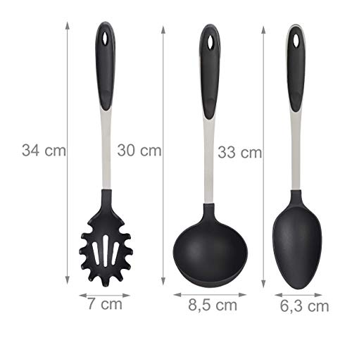 Relaxdays Negro Juego de Cinco Utensilios de Cocina, Cucharón, Cuchara de Servir, Tenedor de Espaguetis, Espátula, Espumadera, Plata, Acero Inoxidable, 5,5 x 8 x 33 cm