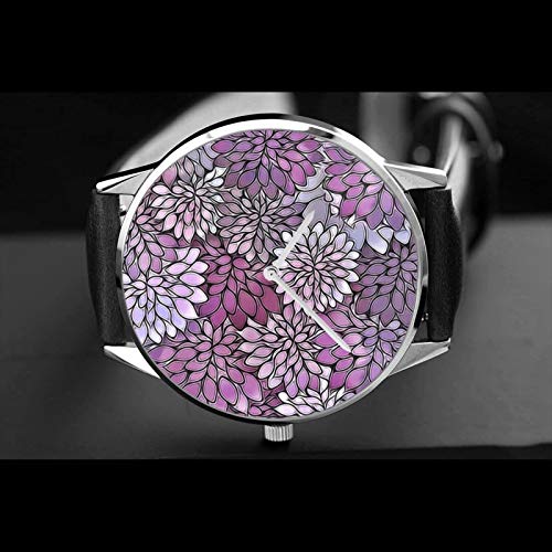 Reloj de pulsera de cuarzo, diseño floral, color morado y lavanda