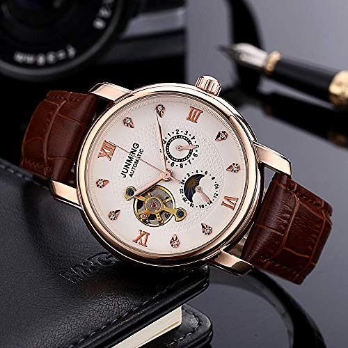 Reloj Mecánico Automático Reloj con Correa Hueca Reloj Mecánico Automático Hombres Movimiento Mecánico Tarjeta Masculina Café con Rosa Dorada Carne Negro Fideos