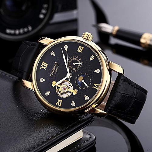 Reloj Mecánico Automático Reloj con Correa Hueca Reloj Mecánico Automático Hombres Movimiento Mecánico Tarjeta Masculina Café con Rosa Dorada Carne Negro Fideos