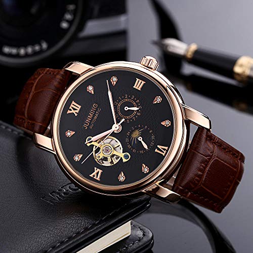 Reloj Mecánico Automático Reloj con Correa Hueca Reloj Mecánico Automático Hombres Movimiento Mecánico Tarjeta Masculina Café con Rosa Dorada Carne Negro Fideos