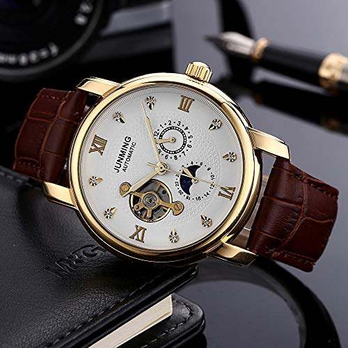 Reloj Mecánico Automático Reloj con Correa Hueca Reloj Mecánico Automático Hombres Movimiento Mecánico Tarjeta Masculina Café con Rosa Dorada Carne Negro Fideos