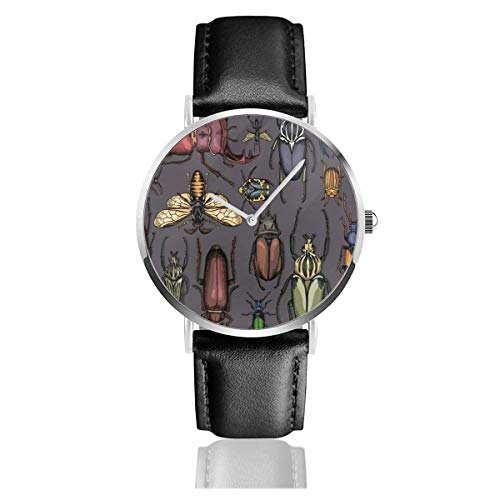 Relojes de Pulsera con Correa de Cuero Insectos Brillantes en Animales Oscuros Grabado Casual Reloj de Negocios de Cuarzo de Acero Inoxidable