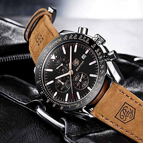 Relojes Hombre BENYAR Cronógrafo Analógico Cuarzo 3AMT Impermeable Pulsera de Cuero Deporte Watch Business Casual Relojes de Pulsera Regalo Elegante