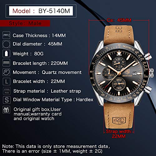 Relojes Hombre BENYAR Cronógrafo Analógico Cuarzo 3AMT Impermeable Pulsera de Cuero Deporte Watch Business Casual Relojes de Pulsera Regalo Elegante