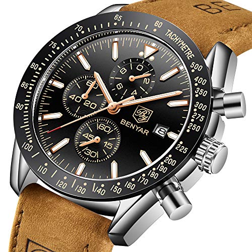 Relojes Hombre BENYAR Cronógrafo Analógico Cuarzo 3AMT Impermeable Pulsera de Cuero Deporte Watch Business Casual Relojes de Pulsera Regalo Elegante