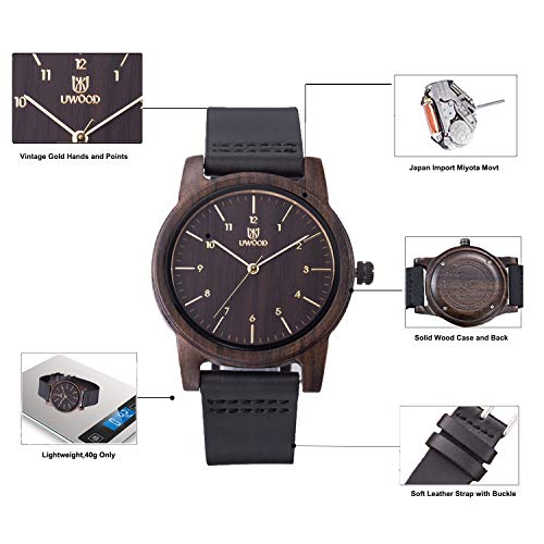 Relojes Madera Hombres, MUJUZE Natural de Madera Del Reloj de Cuero Reloj Único Texturas Regalos de Aniversario, Envía en Caja(Negro)