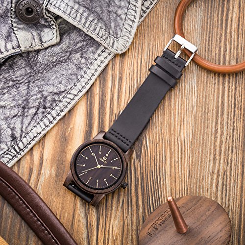 Relojes Madera Hombres, MUJUZE Natural de Madera Del Reloj de Cuero Reloj Único Texturas Regalos de Aniversario, Envía en Caja(Negro)