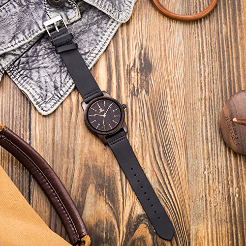 Relojes Madera Hombres, MUJUZE Natural de Madera Del Reloj de Cuero Reloj Único Texturas Regalos de Aniversario, Envía en Caja(Negro)