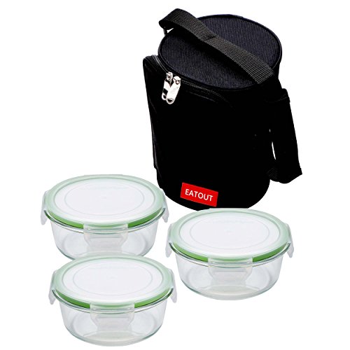 Renberg Eatout Set de Bolsa Isotérmica + 3 Contenedores Herméticos Redondos, Negro, 27x25x25 cm