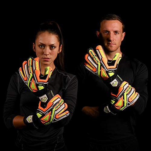 Renegade GK Fury Volt Guantes de Portero con Pro Protección Dedo | 4mm Giga Grip & 4mm Duratek | Neon Amarillo, Anaranjado, Guantes de Portero de Fútbol (Talla 7, Niños, Flat Gecko Cut, Level 4)