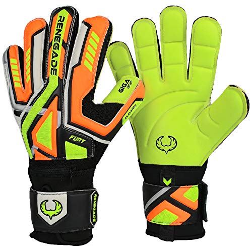 Renegade GK Fury Volt Guantes de Portero con Pro Protección Dedo | 4mm Giga Grip & 4mm Duratek | Neon Amarillo, Anaranjado, Guantes de Portero de Fútbol (Talla 7, Niños, Flat Gecko Cut, Level 4)