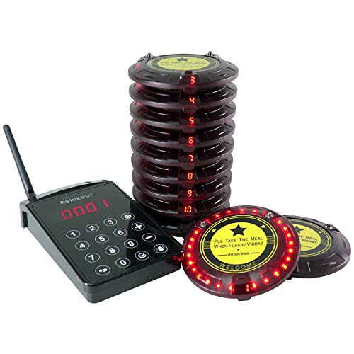 Retekess TD103 Sistema de llamada Inalámbrico Buscapersonas Pager Restaurante Tecnología FM Largo Alcance para Restaurante Clínica Iglesia Cafetería (1 Transmisor + 10 Buscapersonas)