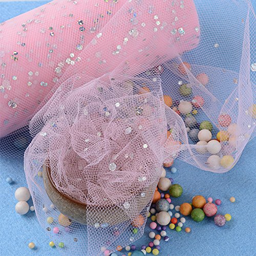 Rollo 22,5 Metro Cinta Tela Tul con Lentejuelas Tulle Ancho 15cm Decoración Hogar Boda Novia Fiesta Navidad Manualidades DIY Envolver Regalos Tutú Falda Rosa