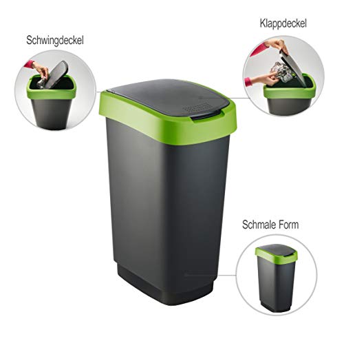 Rotho Twist, Cubo de basura de 25l con tapa, Plástico PP sin BPA, negro, verde, 25l 33.3 x 25.2 x 47.6 cm