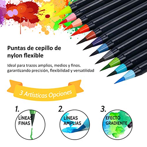 Rotuladores Acuarelables Pincel, 24 Bolígrafos de Acuarela y 1 Rotuladores de Pincel de Agua Rotuladores Punta Pincel de Nylon Flexibles Suave no toxica para Manga, Journal, Caligrafía, Dibujos