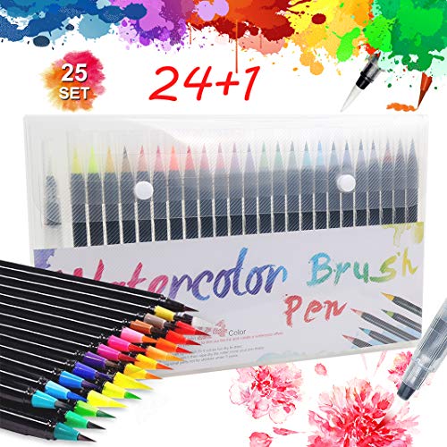 Rotuladores Acuarelables Pincel, 24 Bolígrafos de Acuarela y 1 Rotuladores de Pincel de Agua Rotuladores Punta Pincel de Nylon Flexibles Suave no toxica para Manga, Journal, Caligrafía, Dibujos