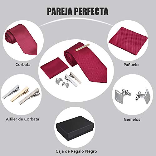 Rovtop Corbatas de Hombre Regalo Conjunto - Set de Corbata Hombre Simulación Cosidas a Mano de Seda con Corbata, Pañuelo, 1 par Gemelos Cuadrados, 3 Clips de Corbata (Rojo Vino)