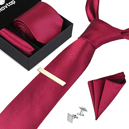 Rovtop Corbatas de Hombre Regalo Conjunto - Set de Corbata Hombre Simulación Cosidas a Mano de Seda con Corbata, Pañuelo, 1 par Gemelos Cuadrados, 3 Clips de Corbata (Rojo Vino)