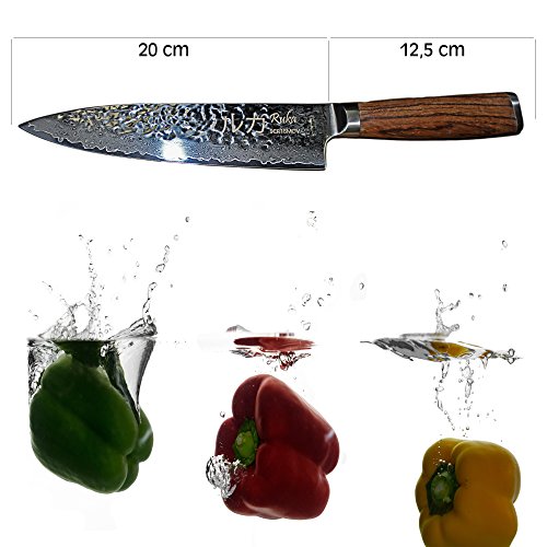 RUKA Cuchillo de cocina de acero del damasco 20cm, mirada martillada, acero japonés VG-10 afiladísimo 67 capas, cuchillo del cocinero del damasco con la manija ergonómica