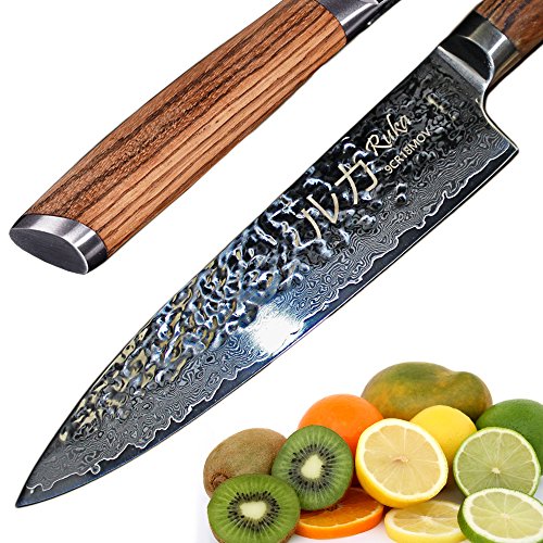 RUKA Cuchillo de cocina de acero del damasco 20cm, mirada martillada, acero japonés VG-10 afiladísimo 67 capas, cuchillo del cocinero del damasco con la manija ergonómica