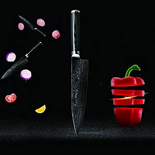 RUKA Cuchillo de Cocina de Acero del Damasco, Mirada martillada, Acero japonés VG-10 afiladísimo 67 Capas, Cuchillo del Cocinero del Damasco con la manija ergonómica (20 CM Micarta Cuchillo Chef)