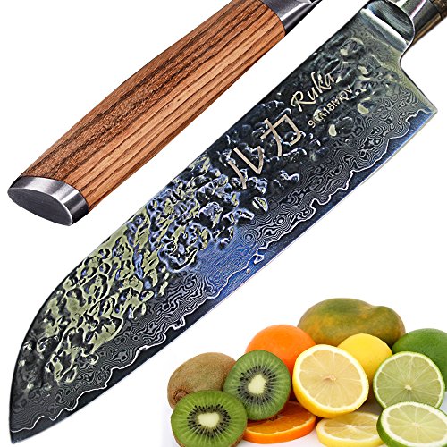 RUKA Cuchillo Santoku de acero de 19 cm de Damasco, efecto martillo, afilado con cuchillos de acero japonés VG-10 de 67 capas, cuchillo Santoku de damasco con mango ergonómico