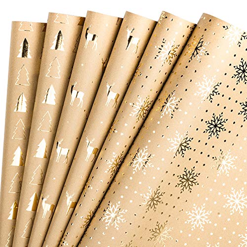 RUSPEPA Hojas De Papel Para Envolver Regalos Papel Kraft - Árbol De Navidad Y Papel De Oro Con Diseño De Renos - 44,5 X 76 cm Cada Hoja, Total De 6 Hojas Embaladas En 1 Rollo