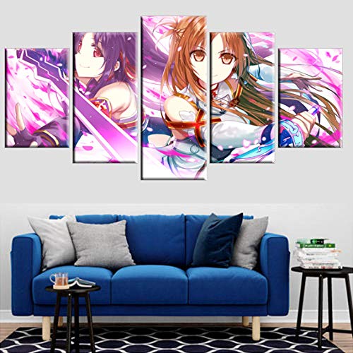 RZHSS Impresiones sobre Lienzo,5 Piezas Anime Sword Art Online Póster Lienzo Impreso Pinturas Decorativas Modulares Cuadros Sala De Estar Arte De Pared Moderno Obras De Arte (Sin Marco) Tamaño L