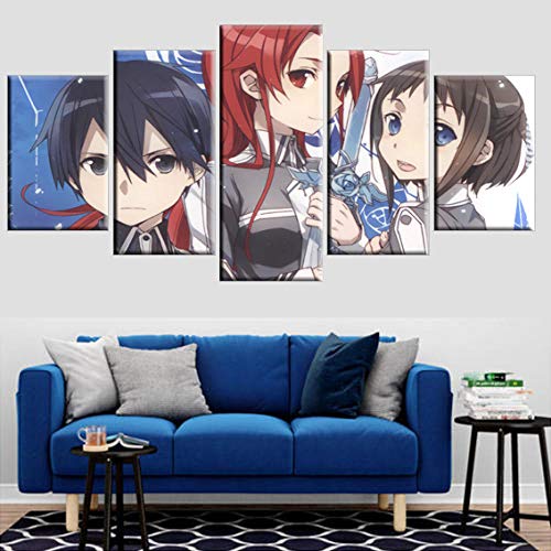 RZHSS Impresiones sobre Lienzo,5 Piezas Sword Art Online Animation Póster Lienzo Pinturas Decorativas Modulares Cuadros Sala De Estar Arte De Pared Moderno Obras De Arte (Sin Marco) Tamaño L