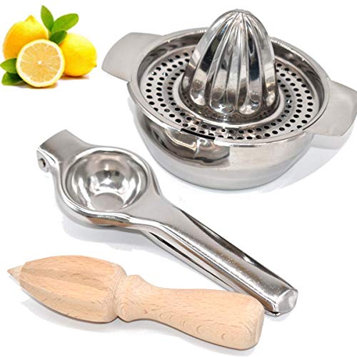 Saijer Exprimidor Limón, Manual De Limón De Acero Inoxidable & Madera Citrus Press con Contenedor 500 ml Zumos Lemon Squeezer para Hacer Zumo Ensalada Bebida 3 PCS