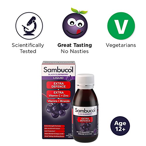 Sambucol Black Elderberry Extra Defense | Vitamina C, B6 y D | Zinc | Ácido Fólico y Minerales | Complemento alimentario de apoyo inmunitario | 120ml
