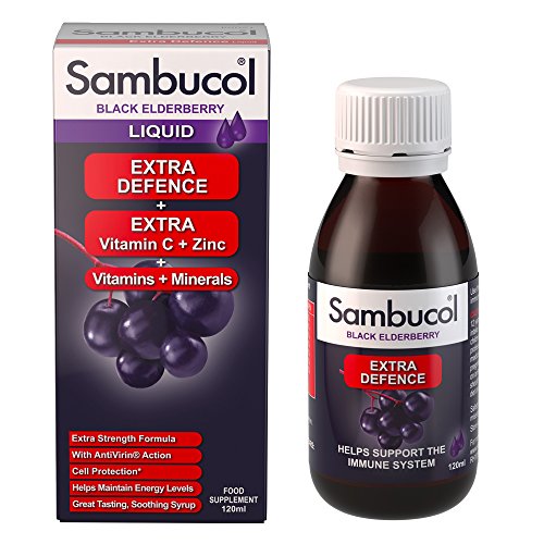 Sambucol Black Elderberry Extra Defense | Vitamina C, B6 y D | Zinc | Ácido Fólico y Minerales | Complemento alimentario de apoyo inmunitario | 120ml