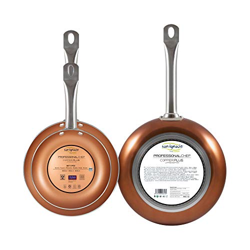 San Ignacio Copper Plus Set 3 sartenes + 4 fiambreras + 3 Utensilios, Aluminio Prensado, 20-24-28 cm