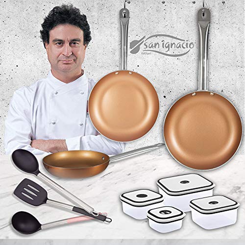 San Ignacio Copper Plus Set 3 sartenes + 4 fiambreras + 3 Utensilios, Aluminio Prensado, 20-24-28 cm